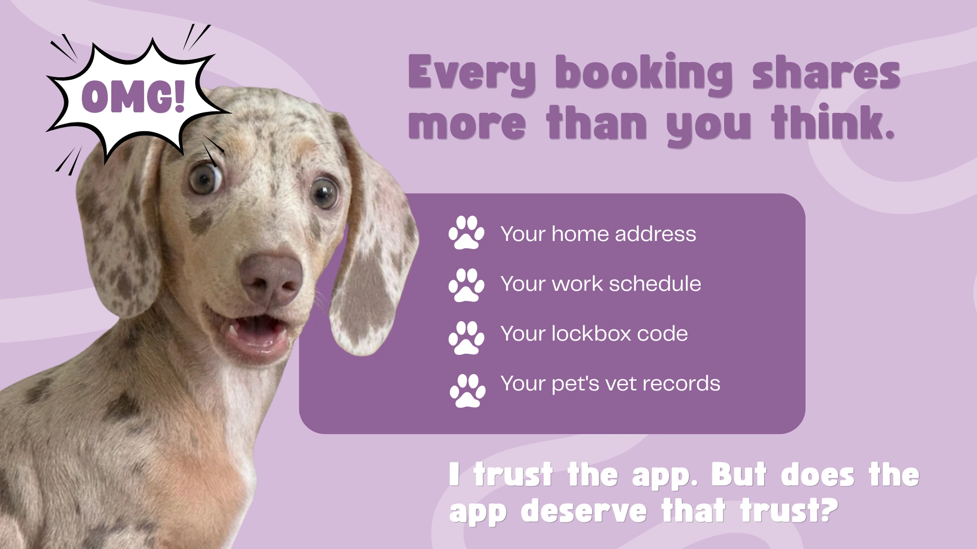 Purple app privacy graphic featuring a surprised dog